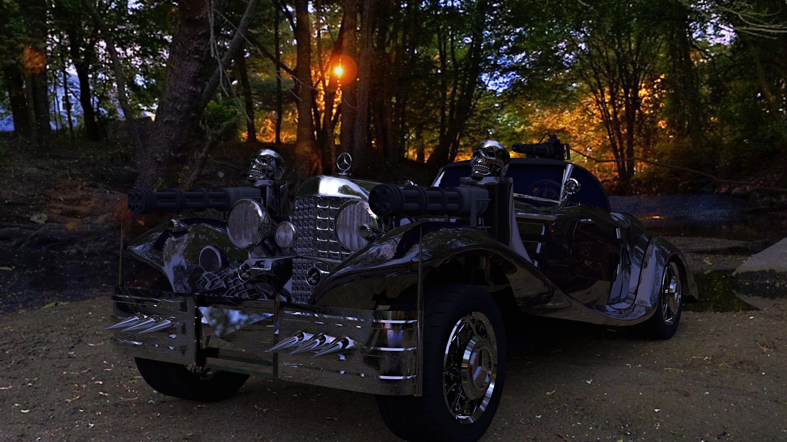 Обои лес, череп, пулемет, мерседес, forest, skull, machine gun, mercedes разрешение 3072x1729 Загрузить