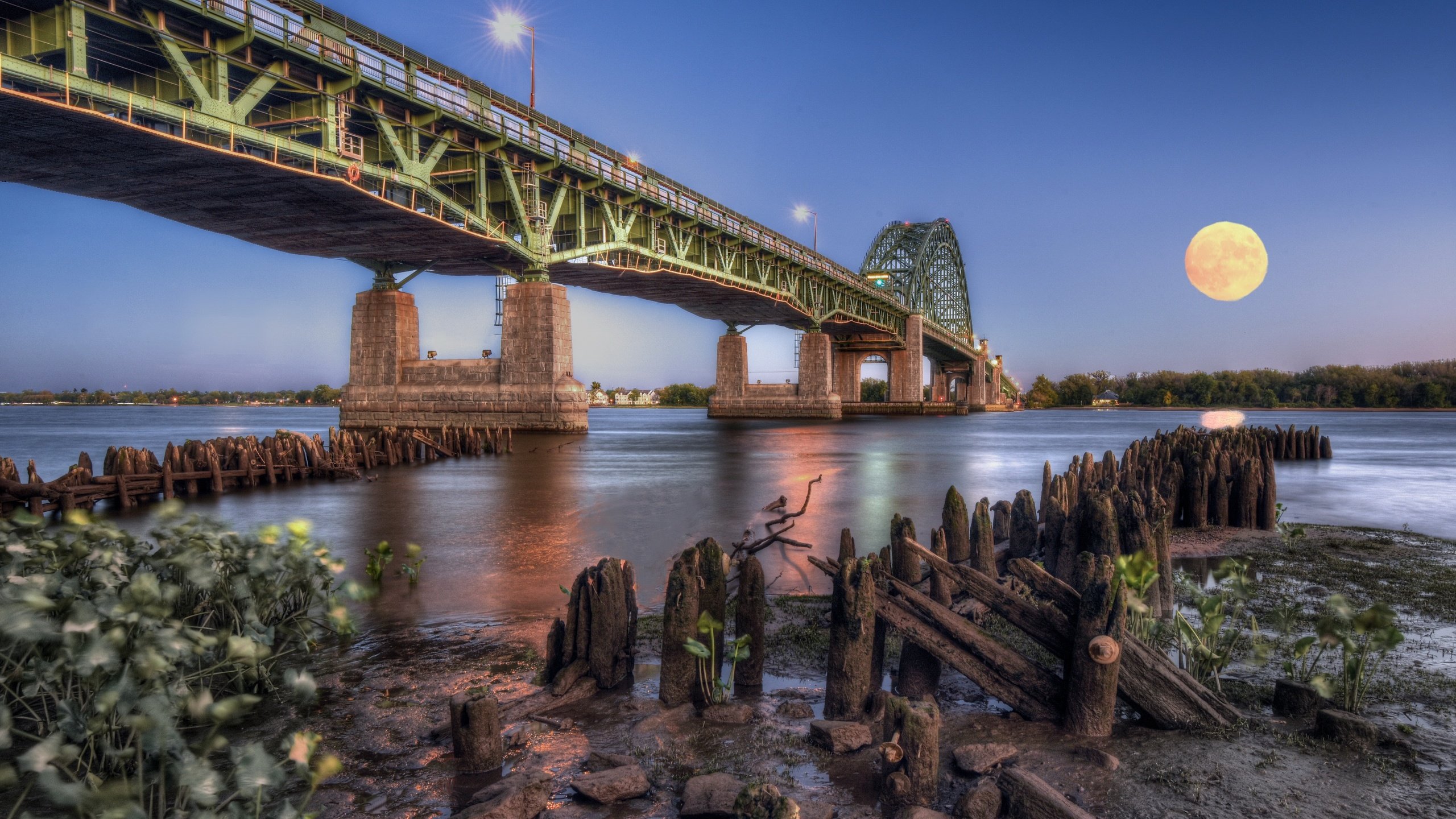 Обои река, мост, луна, river, bridge, the moon разрешение 3840x2160 Загрузить