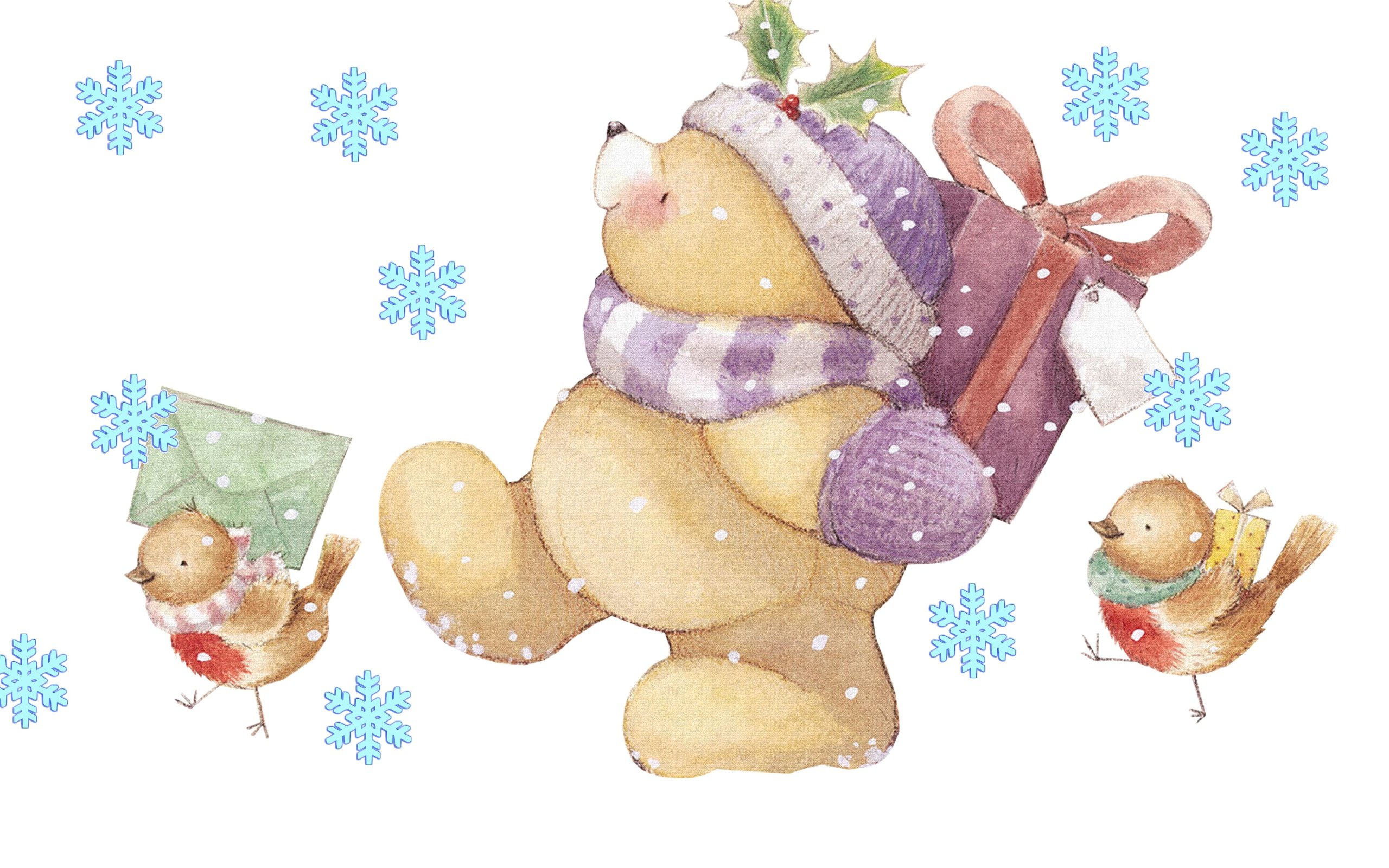 Обои снег, новый год, зима, медведь, подарки, мишка, поздравление, птички, почтальон, the postman, snow, new year, winter, bear, gifts, congratulations, birds разрешение 4280x2556 Загрузить