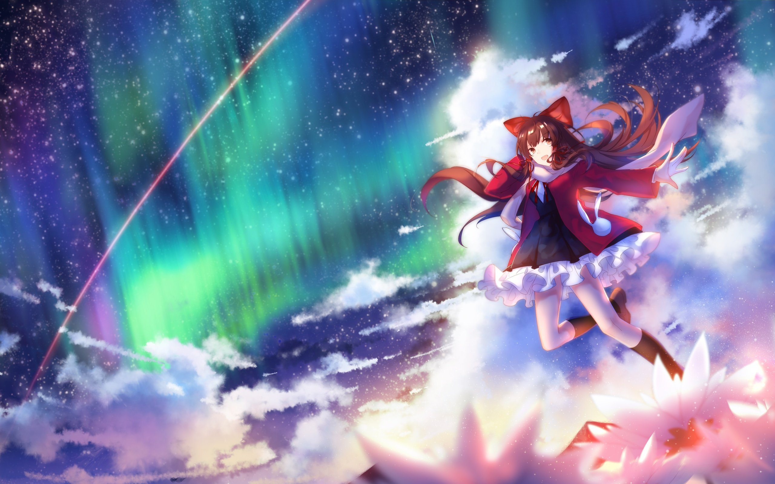 Обои облака, ленточки, неба, аврора, hakurei reimu, улыбается, тохо, clouds, ribbons, sky, aurora, smiling, touhou разрешение 4724x2362 Загрузить