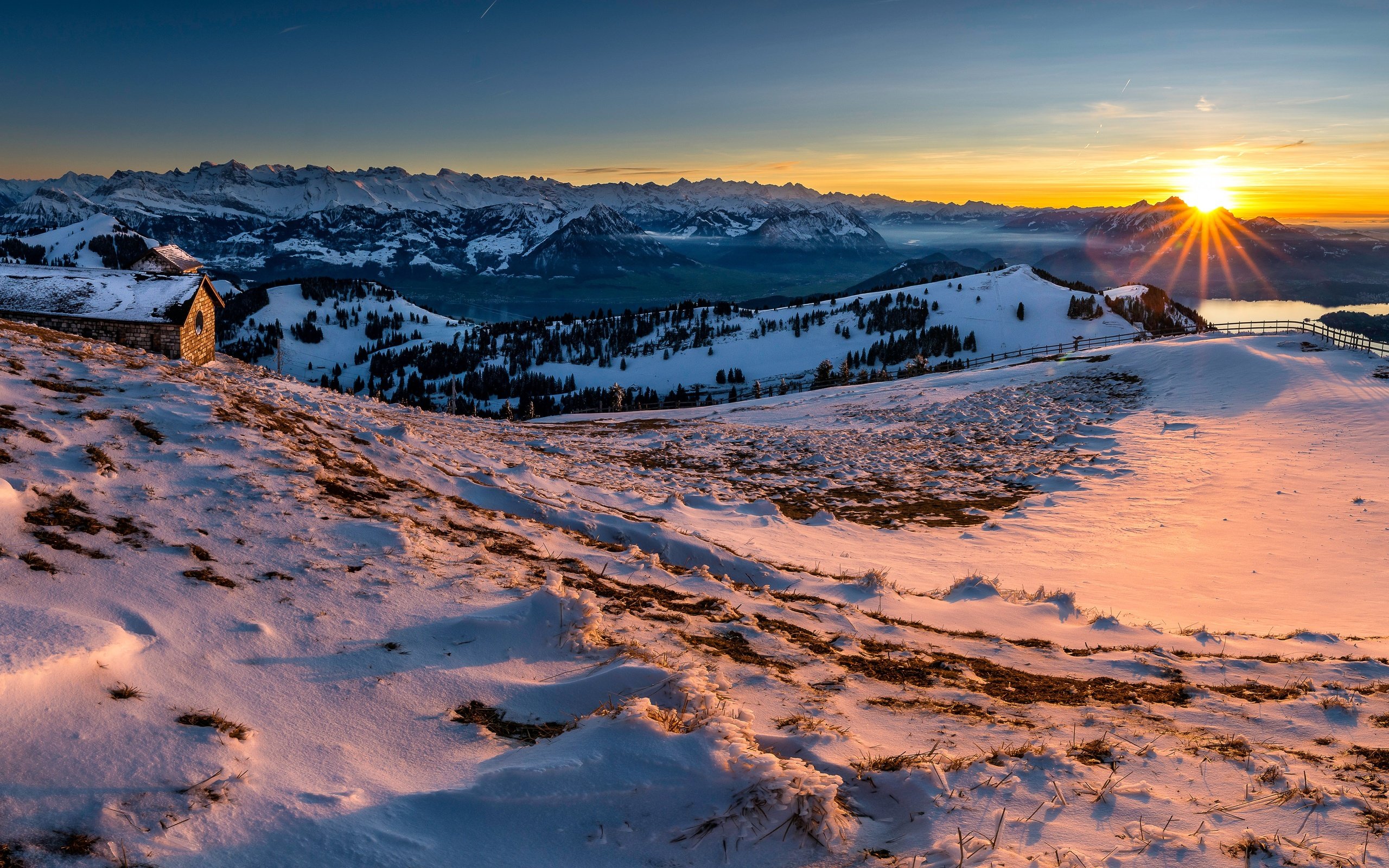 Обои горы, солнце, снег, пейзаж, швейцария, mountains, the sun, snow, landscape, switzerland разрешение 6144x3046 Загрузить