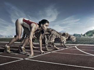 Обои человек, бег, гепард, people, running, cheetah разрешение 2020x1070 Загрузить
