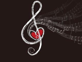 Обои ноты, музыка, сердце, черный фон, скрипичный ключ, notes, music, heart, black background, treble clef разрешение 1920x1080 Загрузить