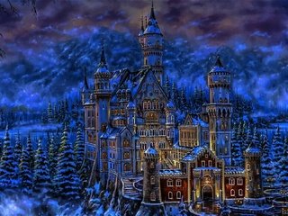 Обои арт, снег, зима, замок нойшванштайн, art, snow, winter, neuschwanstein castle разрешение 1920x1080 Загрузить