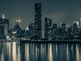 Обои ночь, вода, отражение, небоскребы, сша, нью-йорк, манхэттен, night, water, reflection, skyscrapers, usa, new york, manhattan разрешение 1920x1200 Загрузить