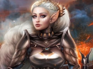 Обои девушка, воин, красавица, ушки, эльф, белые волосы, adalia, girl, warrior, beauty, ears, elf, white hair разрешение 5657x4220 Загрузить