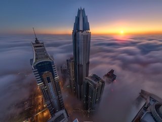 Обои туман, город, высотки, дубай, оаэ, fog, the city, skyscrapers, dubai, uae разрешение 2048x1366 Загрузить