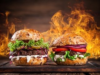Обои пламя, огонь, гамбургер, бургер, фастфуд, фаст-фуд, flame, fire, hamburger, burger, fast food разрешение 2880x1920 Загрузить