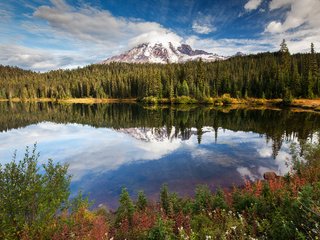 Обои небо, деревья, озеро, горы, природа, лес, отражение, панорама, the sky, trees, lake, mountains, nature, forest, reflection, panorama разрешение 2880x1800 Загрузить