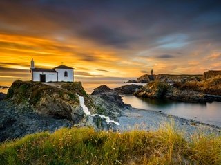 Обои скалы, церковь, испания, часовня, ermita virxe do porto, rocks, church, spain, chapel разрешение 7255x4081 Загрузить