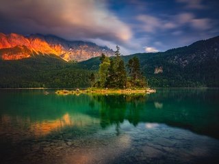 Обои озеро, природа, закат, пейзаж, леса, германия, альпы, бавария, lake, nature, sunset, landscape, forest, germany, alps, bayern разрешение 2000x1334 Загрузить