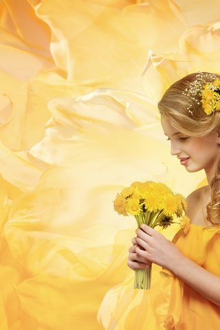 Обои цветы, платье, блондинка, одуванчики, желтые, flowers, dress, blonde, dandelions, yellow разрешение 5000x2990 Загрузить