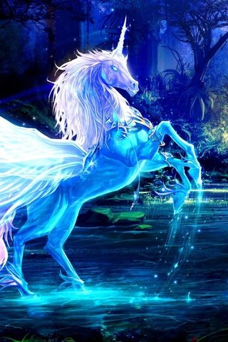 Обои синий, крылья, единорог, рог, водный, blue, wings, unicorn, horn, water разрешение 2560x1440 Загрузить