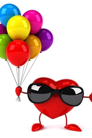 Обои очки, графика, сердце, белый фон, воздушные шары, 3д, glasses, graphics, heart, white background, balloons, 3d разрешение 6000x4000 Загрузить