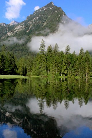 Обои озеро, горы, природа, лес, отражение, пейзаж, lake, mountains, nature, forest, reflection, landscape разрешение 3840x2400 Загрузить