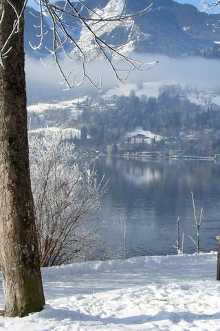 Обои деревья, река, горы, снег, зима, скамейка, trees, river, mountains, snow, winter, bench разрешение 1920x1080 Загрузить