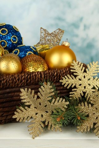 Обои новый год, снежинки, корзина, рождество, елочные игрушки, new year, snowflakes, basket, christmas, christmas decorations разрешение 2880x1800 Загрузить