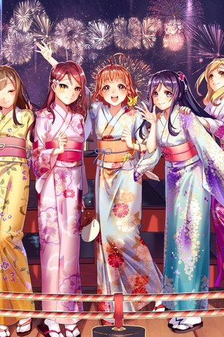 Обои девочки, кимоно, фонарики, феерверк, фестиваль, love live sunshine, girls, kimono, lanterns, fireworks, festival разрешение 2362x1372 Загрузить