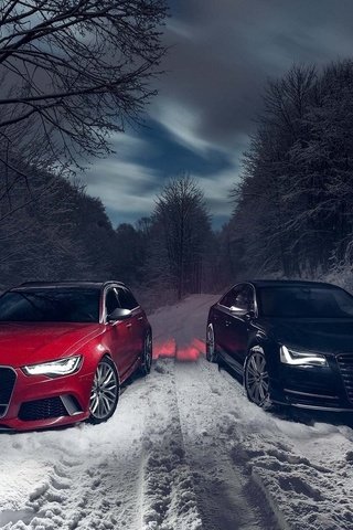 Обои вечер, ауди, снег, фары, природа, лес, зима, фото, суперкары, красиво, the evening, audi, snow, lights, nature, forest, winter, photo, supercars, beautiful разрешение 1920x1200 Загрузить