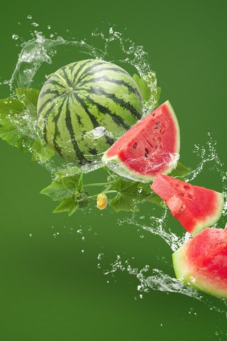 Обои вода, брызги, арбуз, ломтики, всплеск, зеленый фон, water, squirt, watermelon, slices, splash, green background разрешение 6000x4000 Загрузить