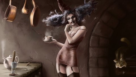 Обои рисунок, кот, кофе, andy jones, ведьма, кухня, готика, figure, cat, coffee, witch, kitchen, gothic разрешение 1920x1200 Загрузить