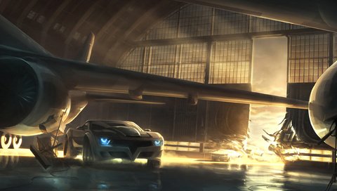 Обои самолет, гонка, авто, ангар, splitsecond, the plane, race, auto, hangar разрешение 2560x1600 Загрузить