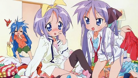 Обои lucky star, izumi konata, hiiragi tsukasa, hiiragi kagami разрешение 3996x2500 Загрузить