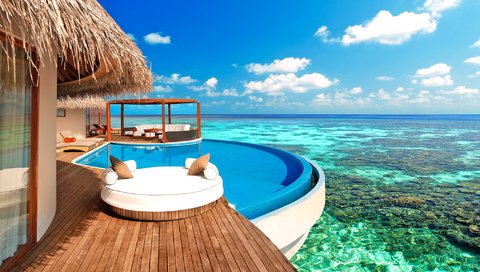 Обои море, бунгало, тропики, мальдивы, sea, bungalow, tropics, the maldives разрешение 2088x1146 Загрузить