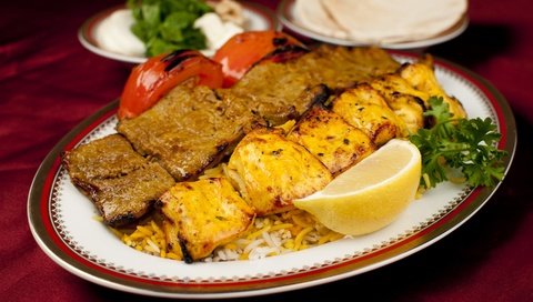 Обои еда, лимон, овощи, мясо, persian food, kabab barg, joje kabab, кебаб, food, lemon, vegetables, meat разрешение 2880x1913 Загрузить