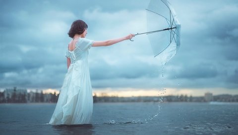 Обои вода, девушка, настроение, зонт, зонтик, азиатка, белое платье, water, girl, mood, umbrella, asian, white dress разрешение 2499x1667 Загрузить