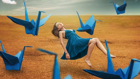 Обои девушка, фон, платье, поле, ножки, журавли, girl, background, dress, field, legs, cranes разрешение 2048x1365 Загрузить