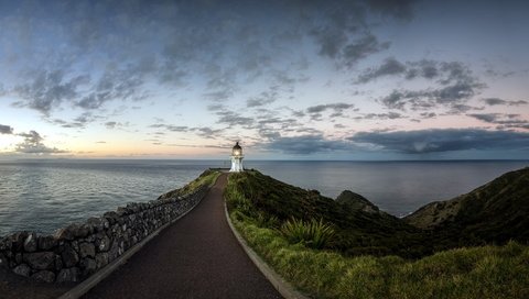 Обои небо, дорога, маяк, горизонт, океан, cape reinga, northland, the sky, road, lighthouse, horizon, the ocean разрешение 1920x1080 Загрузить