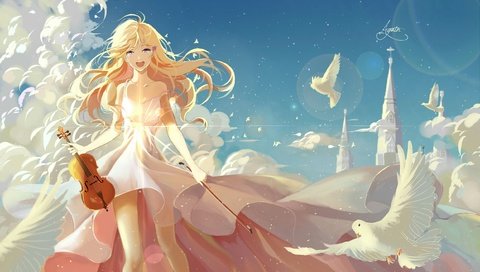 Обои арт, девушка, аниме, голуби, shigatsu wa kimi no uso, твоя апрельская ложь, art, girl, anime, pigeons, your april lie разрешение 2500x1499 Загрузить