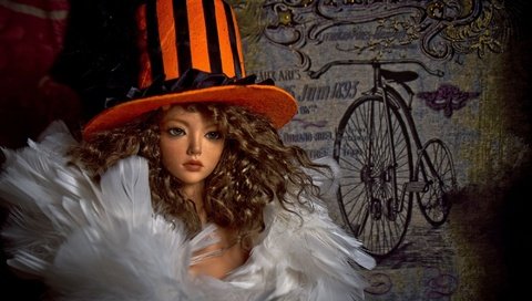 Обои игрушка, кукла, волосы, лицо, перья, шляпа, toy, doll, hair, face, feathers, hat разрешение 2000x1333 Загрузить