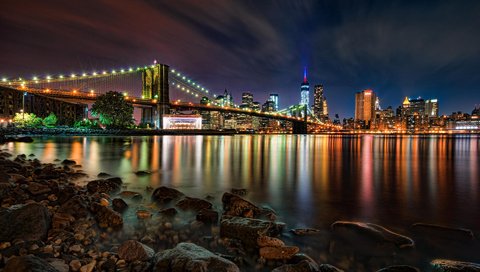 Обои ночь, огни, мост, город, сша, нью-йорк, бруклинский мост, night, lights, bridge, the city, usa, new york, brooklyn bridge разрешение 1920x1200 Загрузить