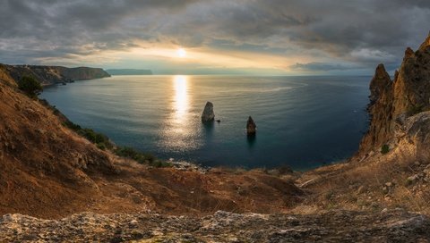 Обои скалы, мыс фиолент, закат, море, черное море, побережье, россия, крым, севастополь, rocks, cape fiolent, sunset, sea, the black sea, coast, russia, crimea, sevastopol разрешение 1987x1080 Загрузить