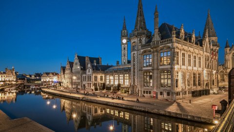 Обои огни, вечер, бельгия, гент, водный канал, lights, the evening, belgium, ghent, water channel разрешение 2112x1188 Загрузить