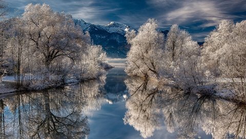 Обои деревья, озеро, снег, природа, зима, отражение, trees, lake, snow, nature, winter, reflection разрешение 2048x1152 Загрузить