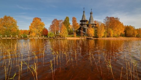 Обои максим евдокимов, деревья, озеро, природа, пейзаж, осень, церковь, карелия, село, maxim evdokimov, trees, lake, nature, landscape, autumn, church, karelia, village разрешение 2560x1709 Загрузить