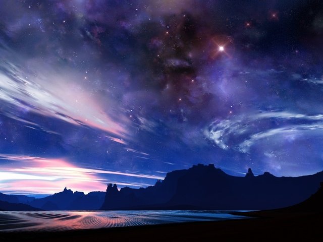 Обои горы, космос, звезды, mountains, space, stars разрешение 1920x1200 Загрузить