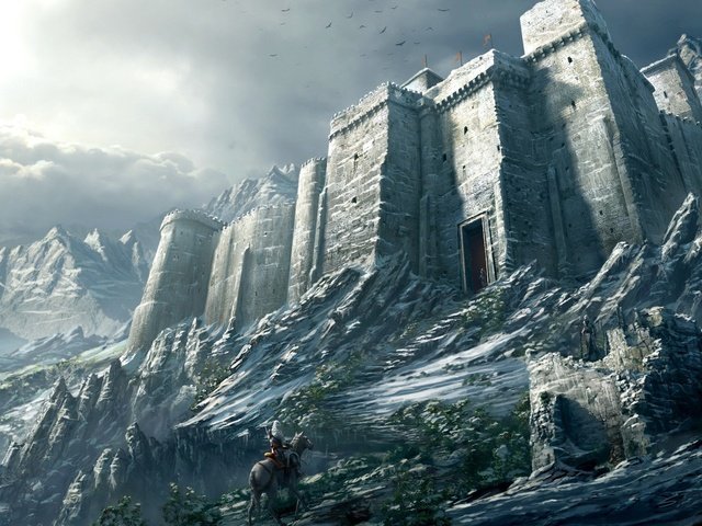 Обои горы, снег, воин, замок, mountains, snow, warrior, castle разрешение 2560x1600 Загрузить