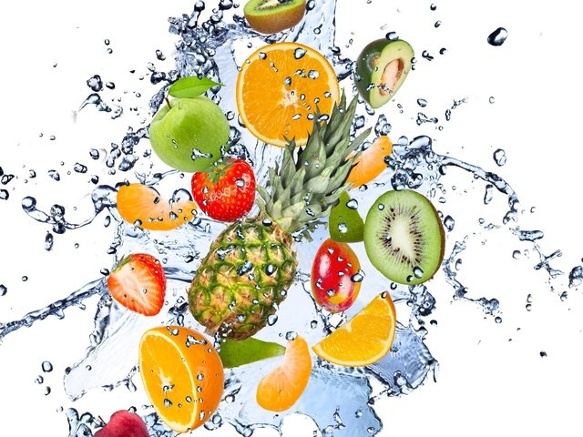 Обои вода, всплеск, капли, киви, свежесть, груша, фрукты, авокадо, клубника, брызги, лимон, яблоко, water, splash, drops, kiwi, freshness, pear, fruit, avocado, strawberry, squirt, lemon, apple разрешение 2560x1600 Загрузить
