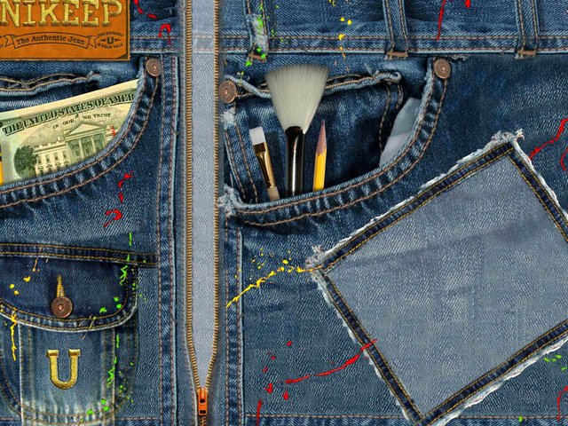 Обои текстуры, джинсы, доллар, карандаш, кисточка, texture, jeans, dollar, pencil, brush разрешение 2560x1600 Загрузить