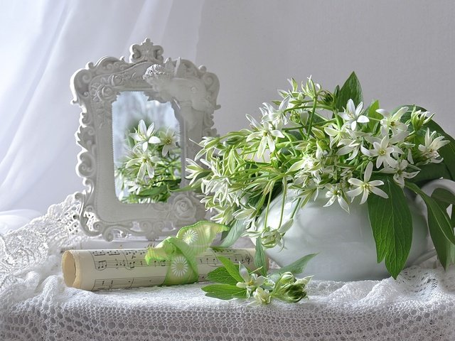 Обои цветы, ноты, зеркало, белые, нежность, натюрморт, flowers, notes, mirror, white, tenderness, still life разрешение 2000x1270 Загрузить