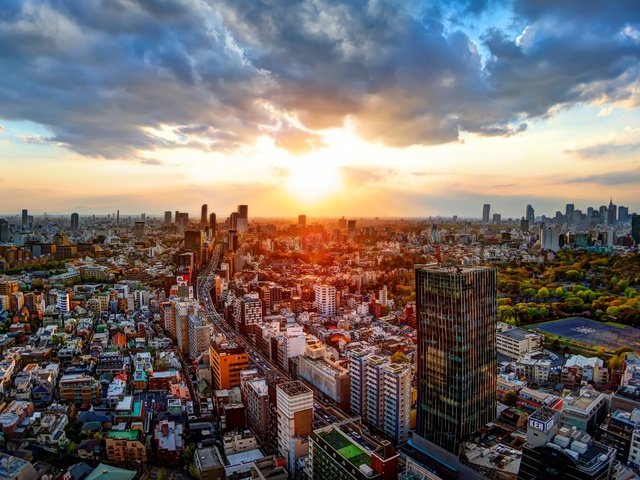 Обои дорога, закат, панорама, япония, здания, токио, road, sunset, panorama, japan, building, tokyo разрешение 5120x2880 Загрузить