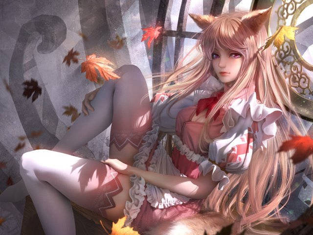 Обои арт, блондинка, аниме, чулки, ушки, хвост, длинные волосы, art, blonde, anime, stockings, ears, tail, long hair разрешение 2880x1800 Загрузить