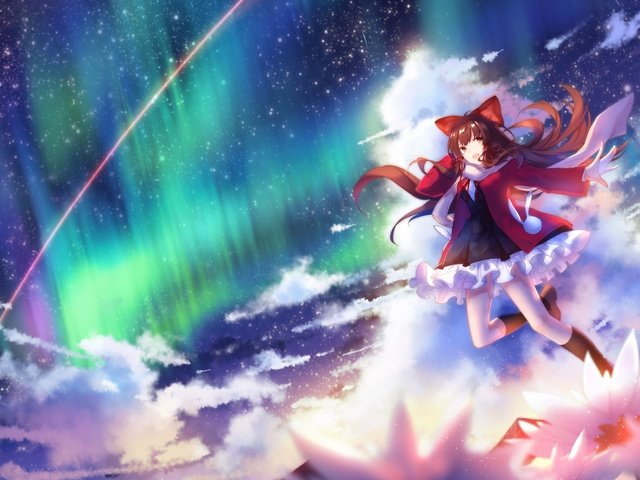 Обои облака, ленточки, неба, аврора, hakurei reimu, улыбается, тохо, clouds, ribbons, sky, aurora, smiling, touhou разрешение 4724x2362 Загрузить