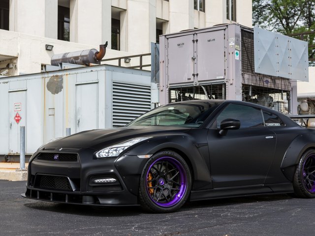 Обои тюнинг, спортивное купе, nissan gtr, black matte gt-r, purple wheels, tuning, sports coupe, matte black gt-r разрешение 2112x1188 Загрузить