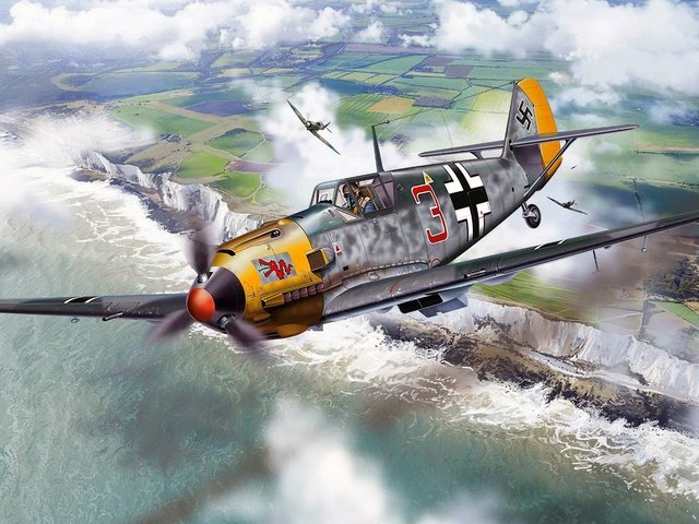 Обои битва, истребитель, британия, messerschmitt, ме-109, bf.109, люфтваффе, battle, fighter, britain, me-109, luftwaffe разрешение 1920x1080 Загрузить