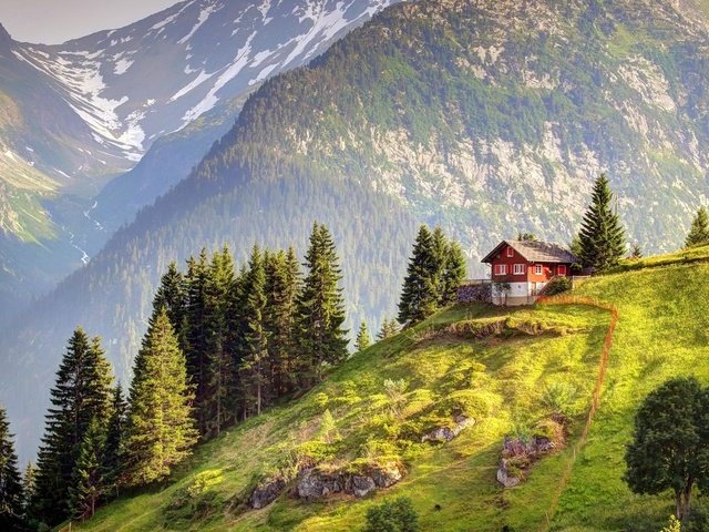 Обои горы, лес, швейцария, домик, альпы, mountains, forest, switzerland, house, alps разрешение 1920x1080 Загрузить